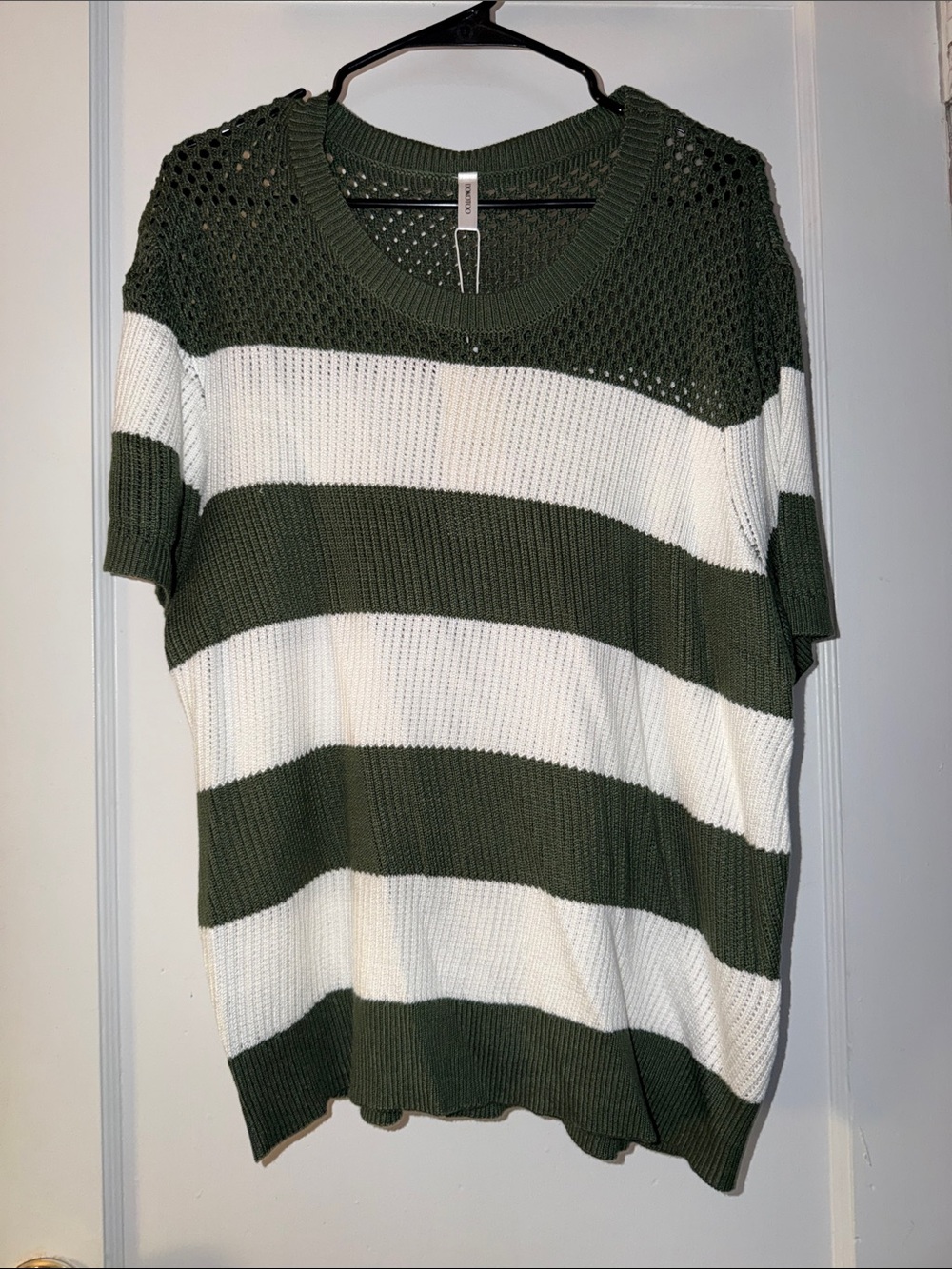 Striped Olive and White Knit Crewneck Sweater - Women